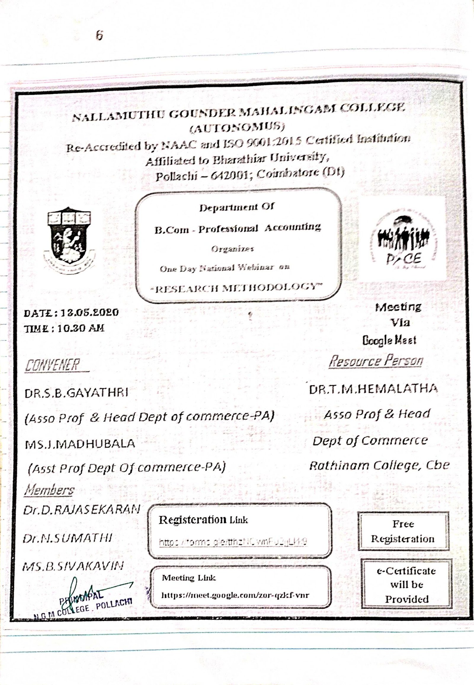 One day National Webinar on Research Methodology - NGM College - Pollachi