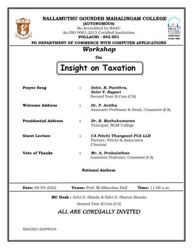 Workshop on Insight on Taxation Invitation