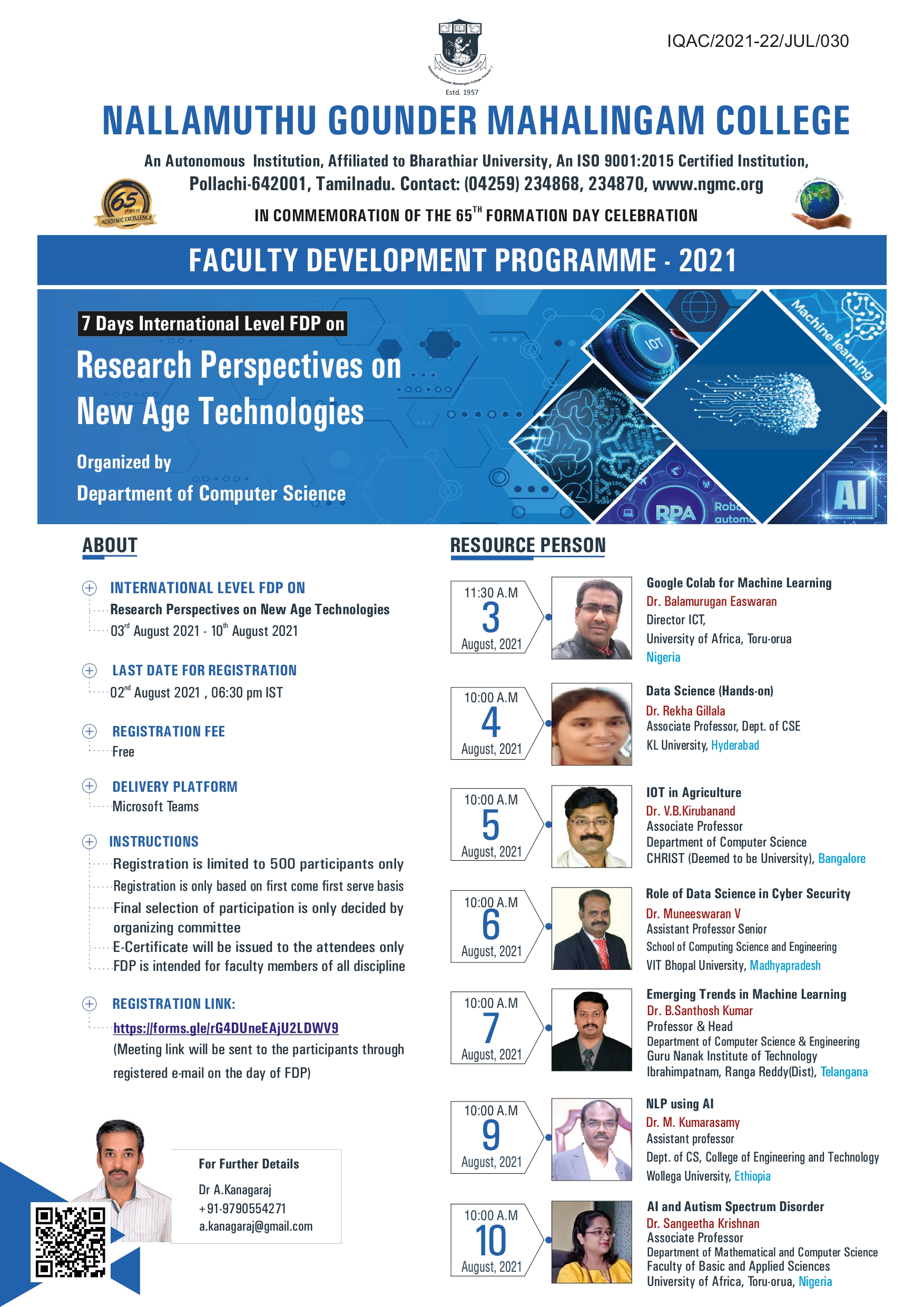 Department of Computer Science (Aided) – 7 Days International Level FDP on “Research Perspectives on New Age Technologies”