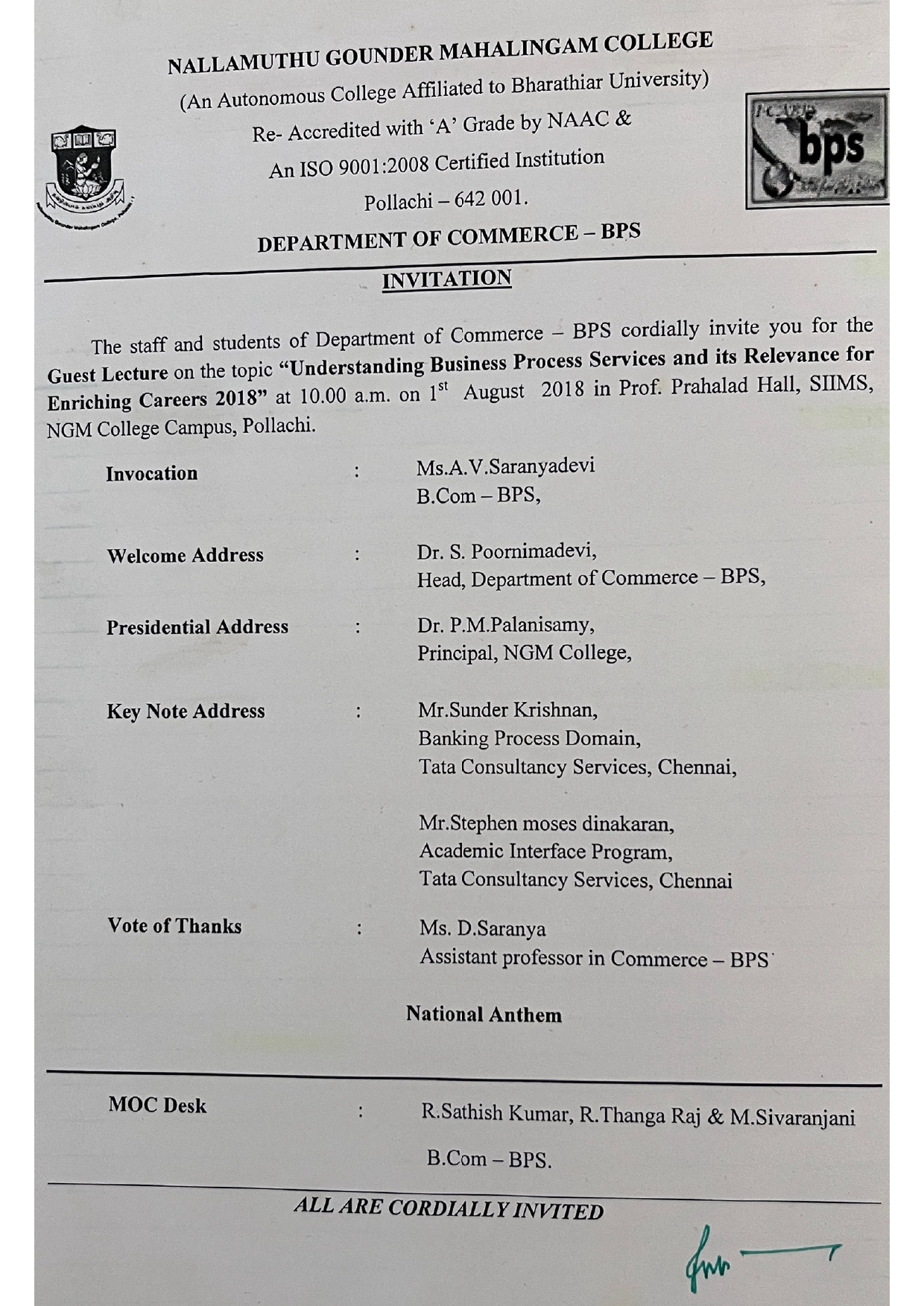 Guest Lecture on “Understanding Business Services and its Relevance for Enriching Careers 2018”