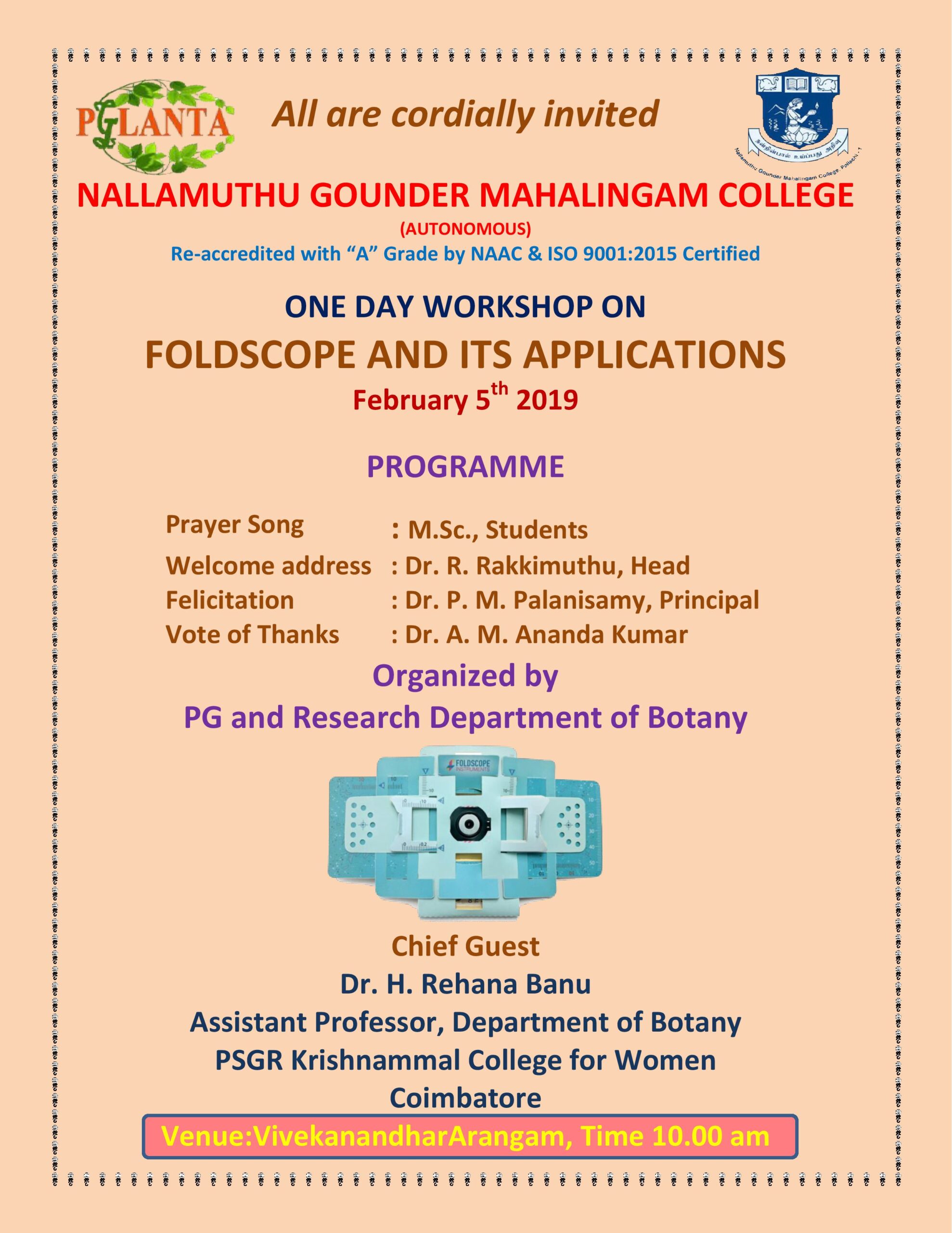 ONE DAY WORKSHOP ON  FOLDSCOPE AND ITS APPLICATIONS February 5th 2019